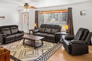 Smart TV, fireplace, foosball