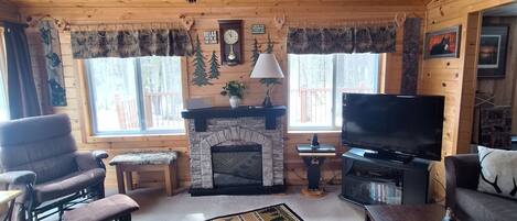 TV, DVD player, books, video library