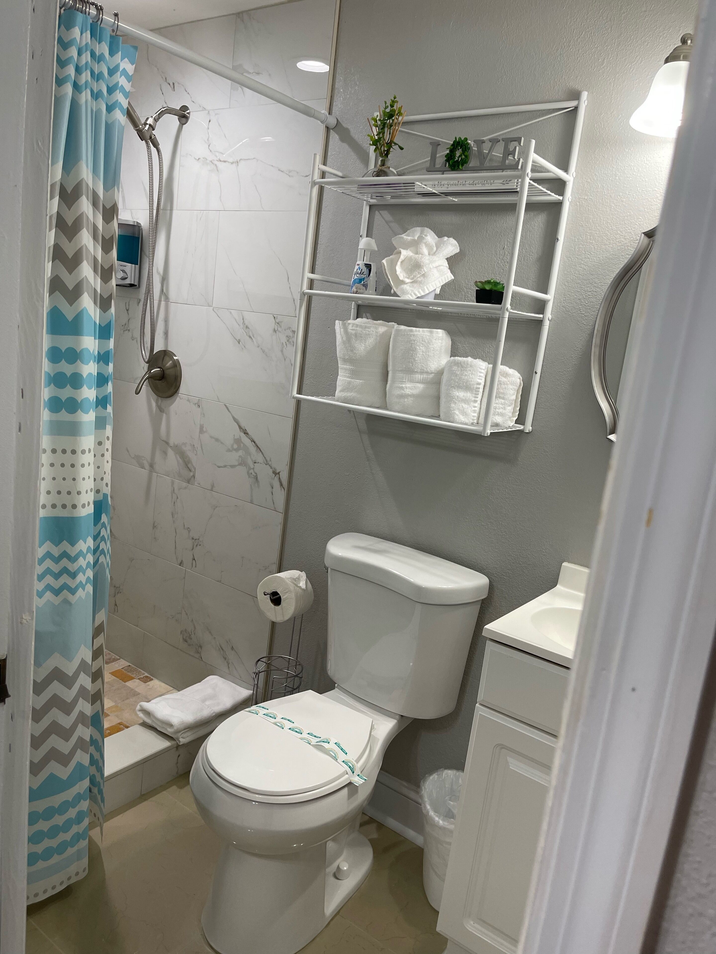 Shower, hair dryer, towels, soap