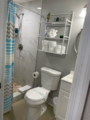 Shower, hair dryer, towels, soap