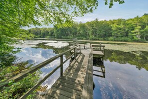 A wooden dock extending over calm water, surrounded by dense forest.
