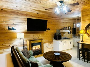 Televisie, een open haard en boeken