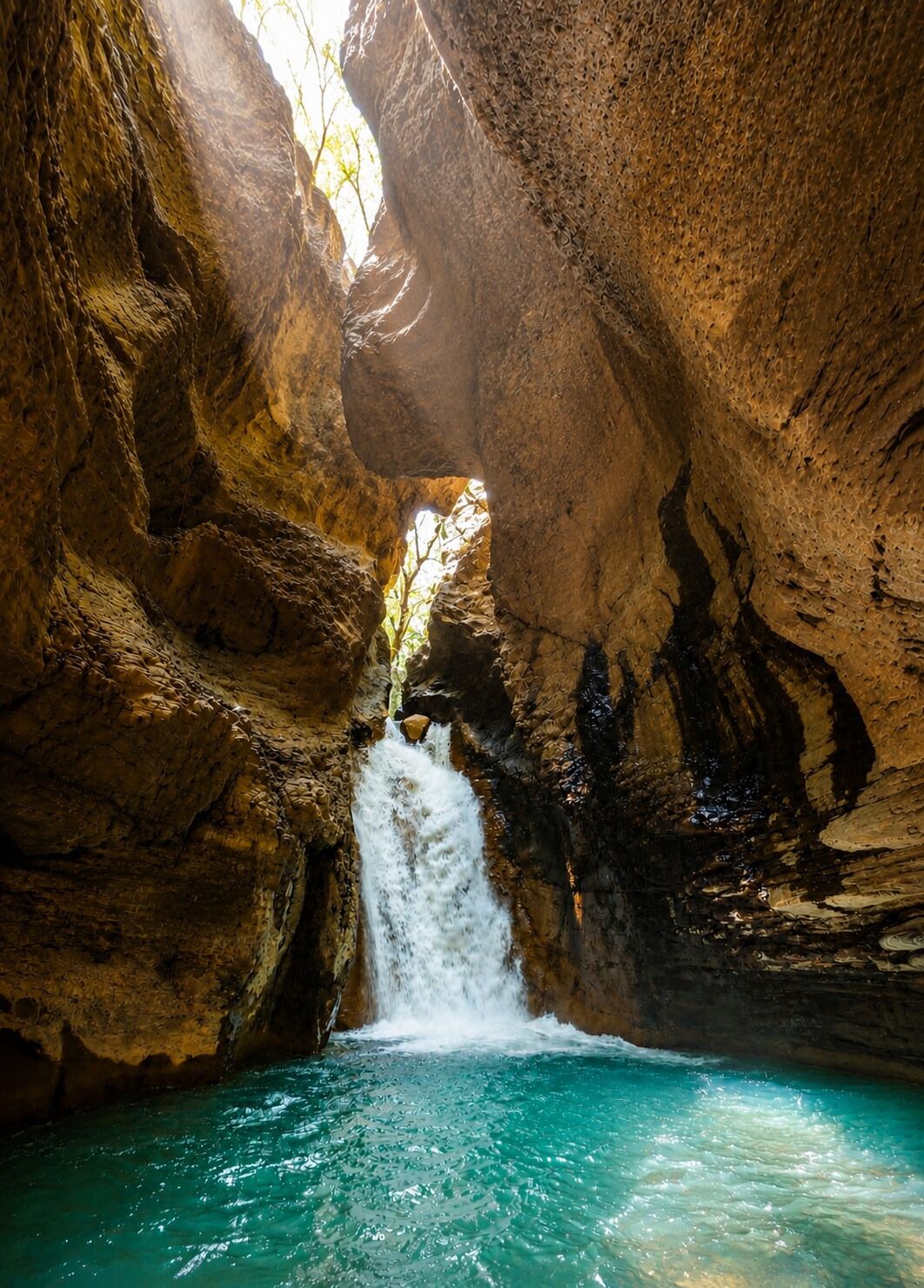 A natural rock formation with a waterfall and clear water at the base.