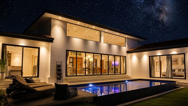 A modern house with a swimming pool, large windows, and a starry night sky. - 2 min walk private  path to the beach . Beach club . Daily maid . Free ATVs  (Hacienda pinilla)