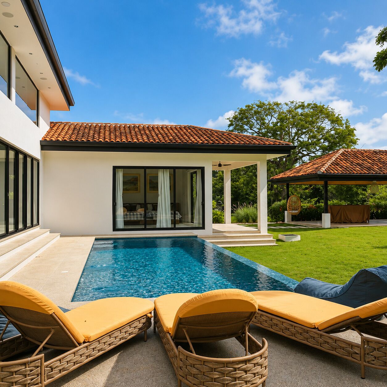 Une maison moderne dotée d’une piscine, d’un espace salon extérieur et d’un patio couvert.