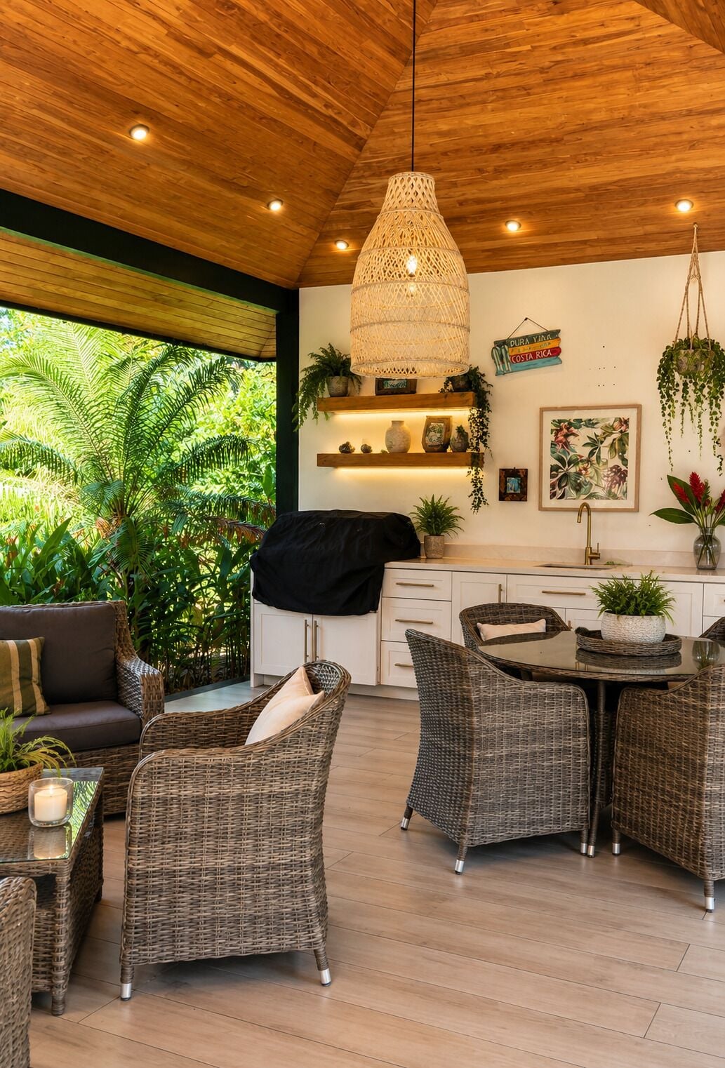A modern interior with wicker furniture, a hanging light fixture, and a view of lush greenery outside.