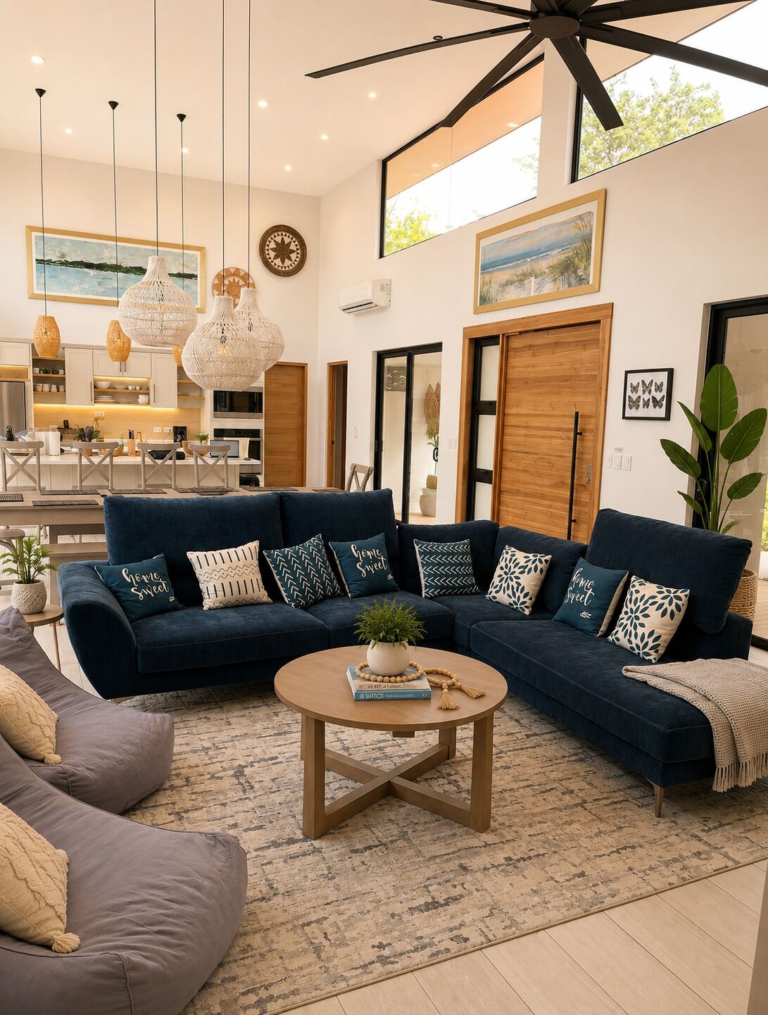 A modern living room with a sectional sofa, a coffee table, and a dining area with pendant lighting.