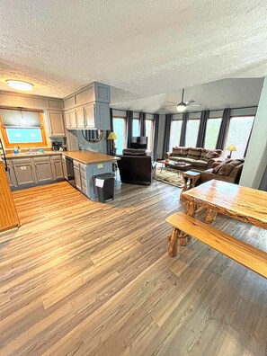 Smart TV, fireplace, video games, DVD player