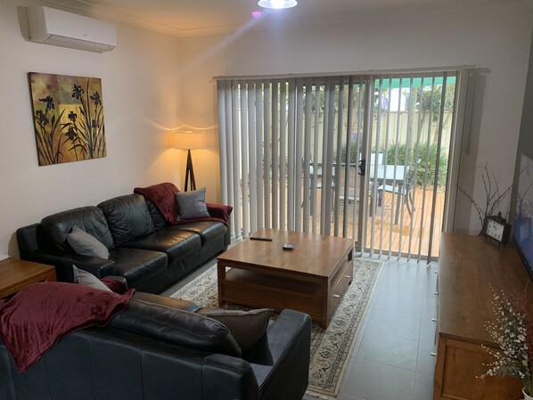 DVD player, books, video library