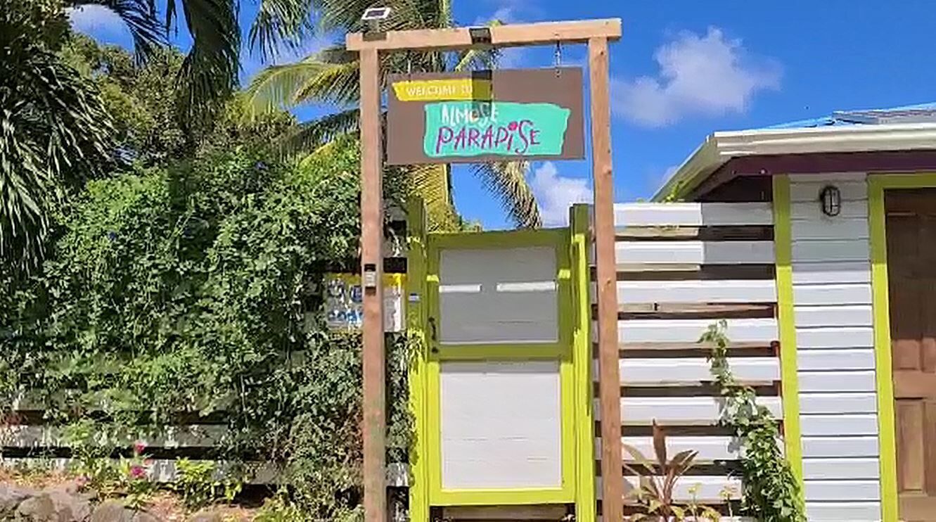A wooden sign with "Welcome to Paradise" written on it, a white building with a yellow door, and lush green foliage in the background.