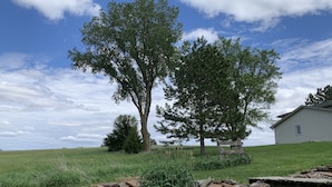 A grassy field with two large trees and a wooden structure. - Furnished Acreage by Mahoney - Sleeps 17!  Fire Pit - Shuffleboard - Clean! (Ashland)