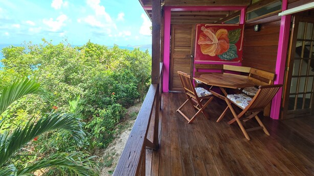 Une terrasse en bois avec une table et des chaises, donnant sur un jardin luxuriant et la mer.