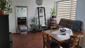 A dining area with a wooden table, chairs, and a potted plant. There is a bookshelf with various items and a decorative hanging light. - EXELENTE VISTA AL MAR Y MUY CERCANOS A PLAYAS, CENTRO DE LA CIUDAD. (Valparaíso)