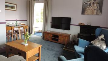 Una Smart TV, una chimenea, libros