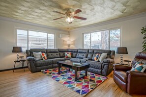 Smart TV, fireplace, books
