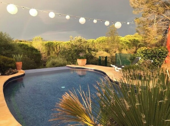 Una piscina con borde curvo, rodeada de follaje y plantas en macetas.