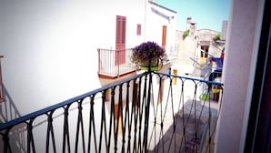 A balcony with a metal railing, a potted plant, and a building with white walls and red shutters in the background.