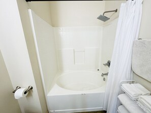 Combined shower/tub, hair dryer, towels