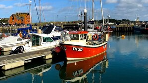 Un puerto deportivo con varias embarcaciones amarradas, incluyendo un barco rojo con el número de registro FH 30.