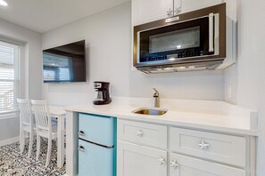 Microwave, coffee/tea maker, cookware/dishes/utensils