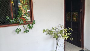A white wall with a window and a door. There is a potted plant on the ground near the door. - Perfect location for low budget travel (Quepos)