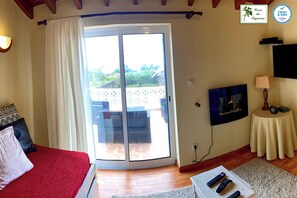 Smart TV, chimenea, libros y estéreo 