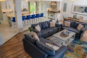 Smart TV, fireplace, foosball