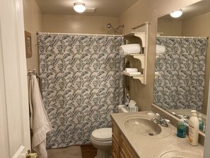 Kombination af bruser/badekar, hårtørrer, håndklæder, Sæbe