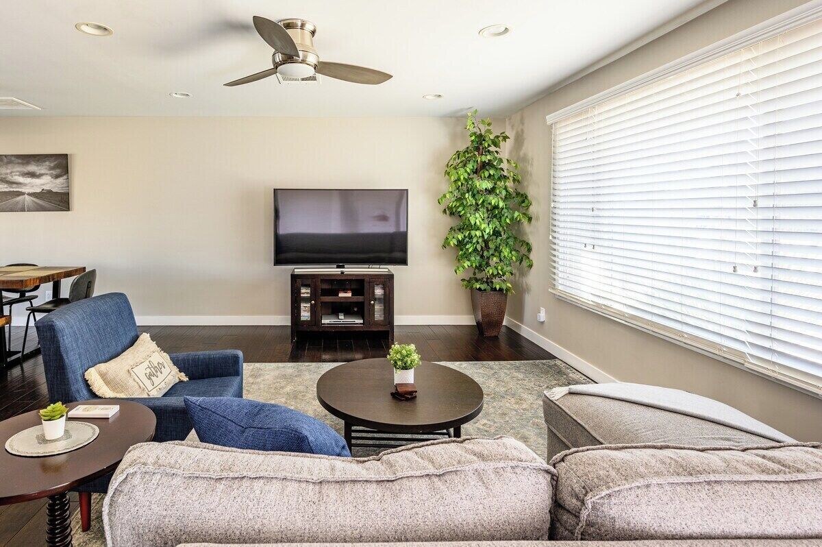 Un salon équipé d’un téléviseur à écran plat, d’un ventilateur de plafond, d’une grande plante en pot et d’un canapé.