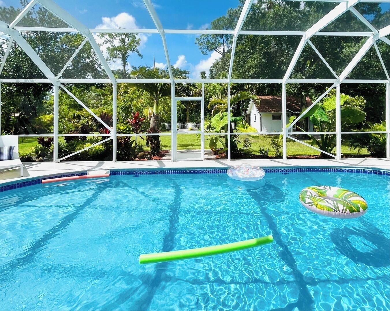 A swimming pool with a clear view of the surrounding greenery and a white fence structure.