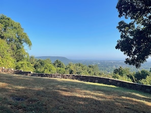 Un'area erbosa con un muro di pietra e alberi.