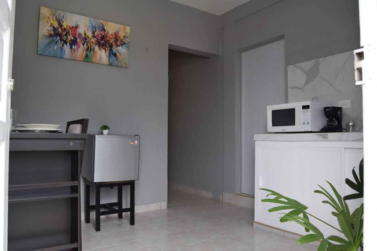 A modern kitchen with a microwave, coffee maker, and a small refrigerator. There is a painting on the wall and a plant in the corner.