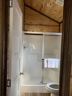 Shower, hair dryer, towels, toilet paper