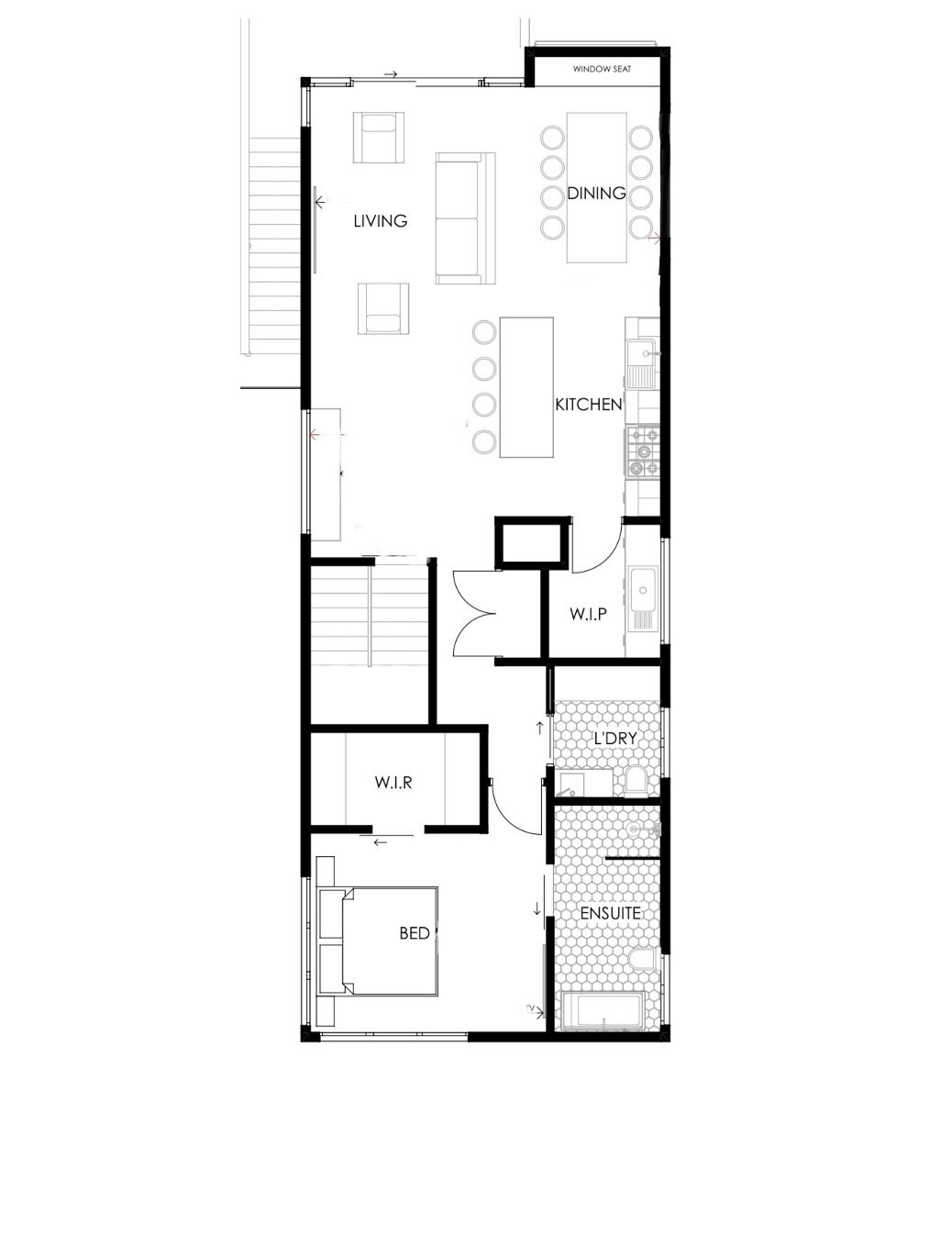 Ein Grundriss mit Wohnbereich, Essbereich, Küche, WC, begehbarem Kleiderschrank und einem Bett.