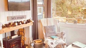 A cozy living room with a fireplace, a comfortable rocking chair, a television mounted on the wall, and a window with a view of trees. - A beautiful, unique lodge, made for two (Lampeter)