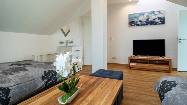 A modern room with a bed, a wooden table with a flower vase, a TV on a stand, and a painting on the wall. - Alpenblick Apartment with Mountain View, Balcony, and Wi-Fi (Friedrichshafen)