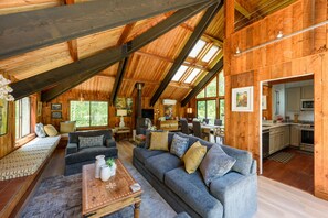 Smart TV, fireplace, books