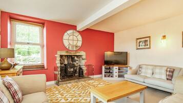 A living room with a fireplace, sofa, television, and a patterned rug.