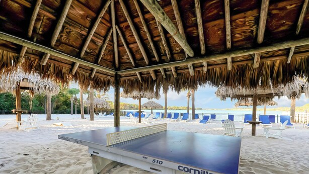 A beach table tennis setup with a thatched roof overhead. - Luxury 3BR Caribbean Retreat nr Disney (Davenport)