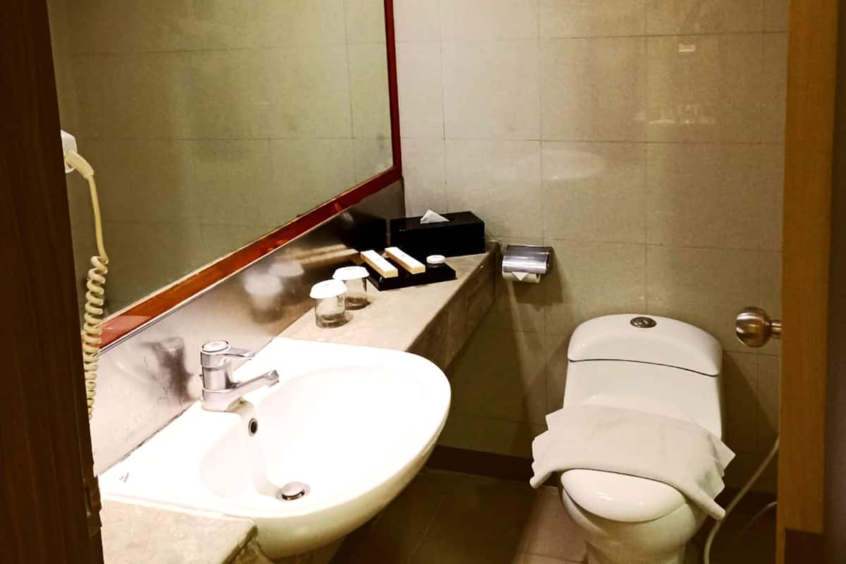 Shower, rainfall showerhead, free toiletries, hair dryer