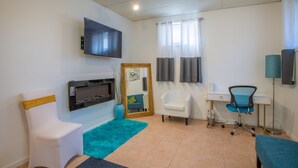 A room with a television, a desk, a chair, a bed, and a mirror. - Cozy 1-2 BR APT w/fireplace & Patio/Deck (Chicago)
