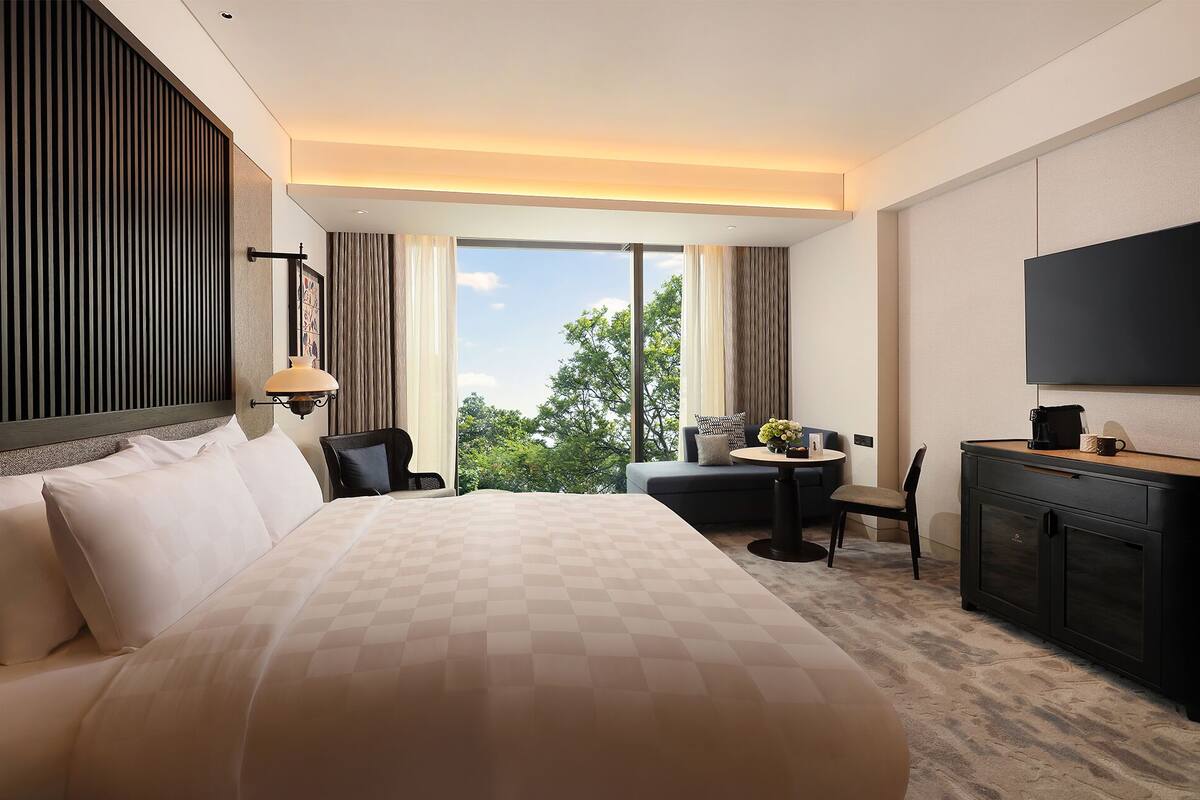 A hotel room with a large bed, a desk, a chair, a television, and a view of trees.