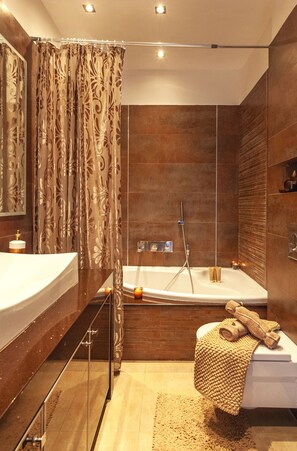 Romantic House, 3 Bedrooms, Sea View | Bathroom | Shower, hair dryer, slippers, towels - Unique Sea & Sunset Residence (Rhodes)