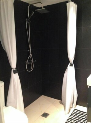 Shower, free toiletries, hair dryer, towels