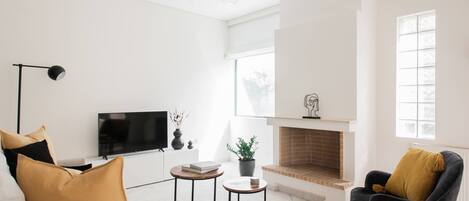 智能電視、壁爐、書籍