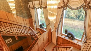A grand staircase with wooden railings and a view of a garden through large windows.
