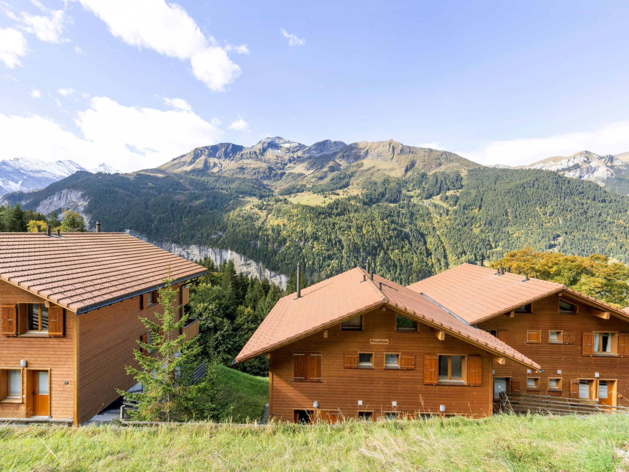 A wooden cabin with a sloped roof, surrounded by lush greenery and mountains in the background.