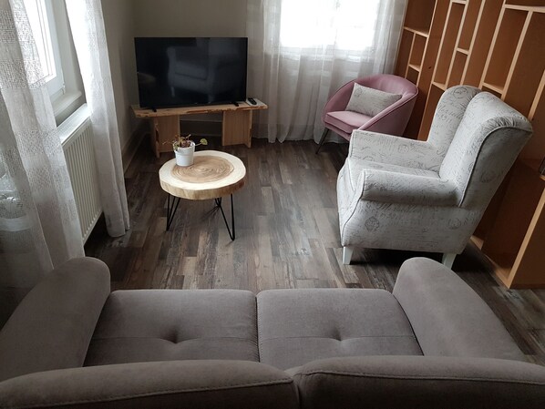 Télévision, table de tennis de table, livres