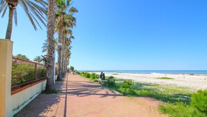 A paved walkway lined with palm trees and a beach in the background. - Beautiful apartment in First Line Marina Azul (Els Poblets)