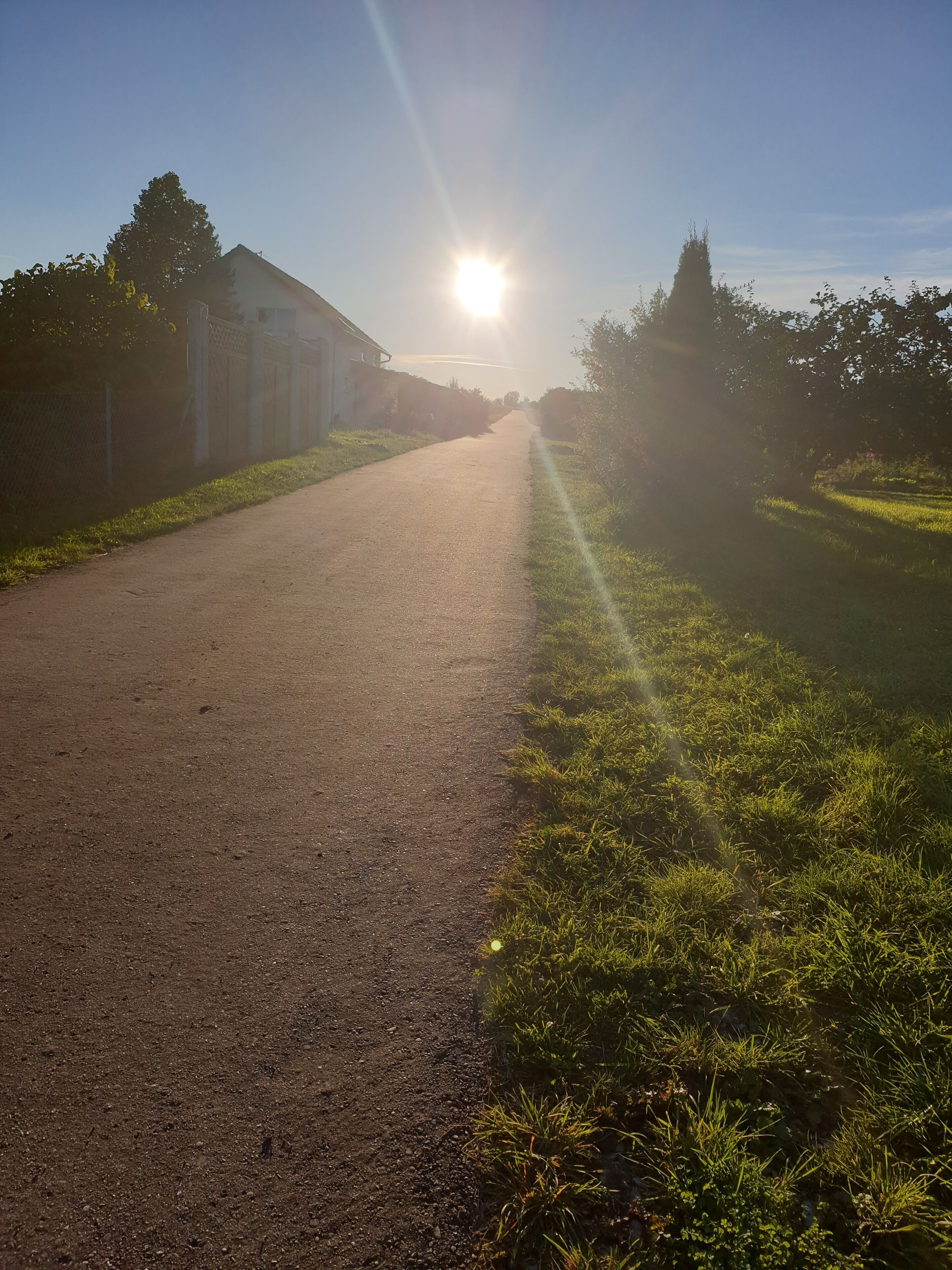 A rural road with a building on the left and a fence on the right.